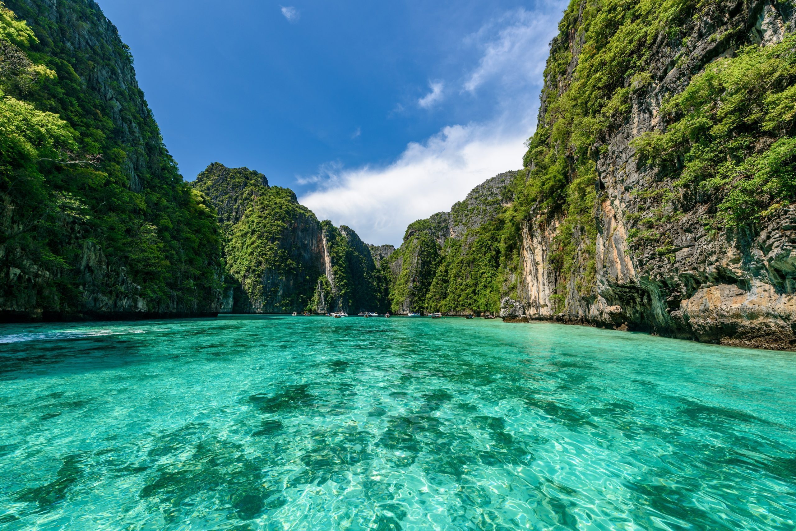 Turquoise water shimmers under clear sky, surrounded by lush green cliffs, creating a serene, tropical bay scene.
