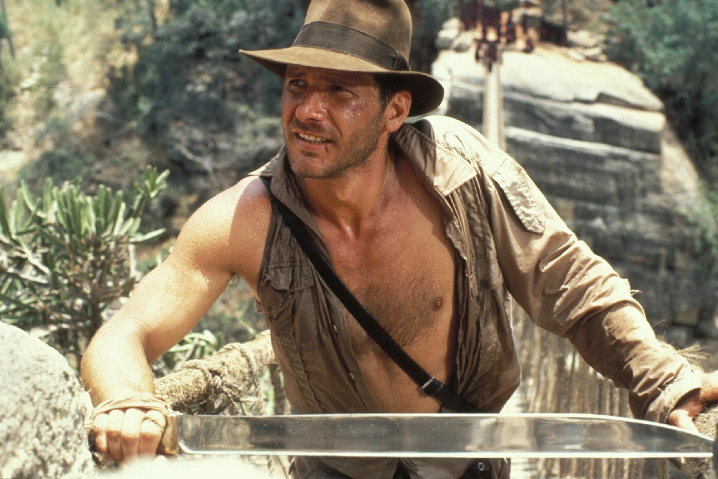 A man in a brown hat and rugged shirt wields a machete on a rope bridge in a jungle setting.