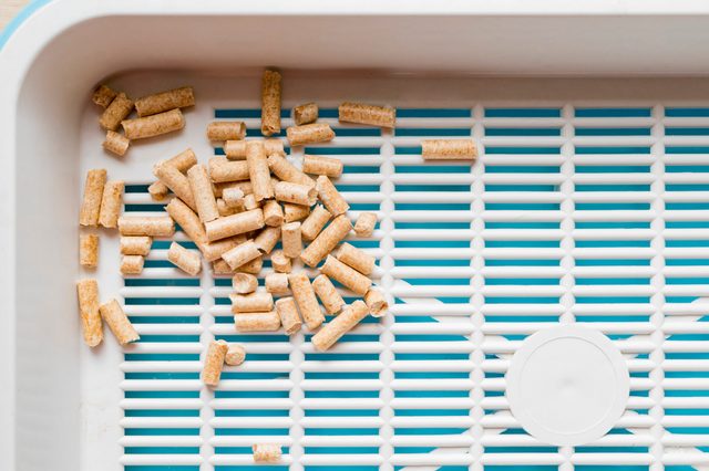 Pellets rest on a white plastic grid inside a rectangular container, with blue visible beneath the grid.