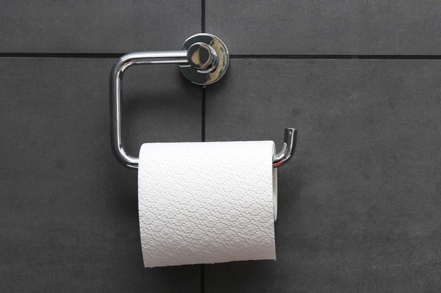 A toilet paper roll hangs on a metallic holder, mounted on a dark gray tiled wall.