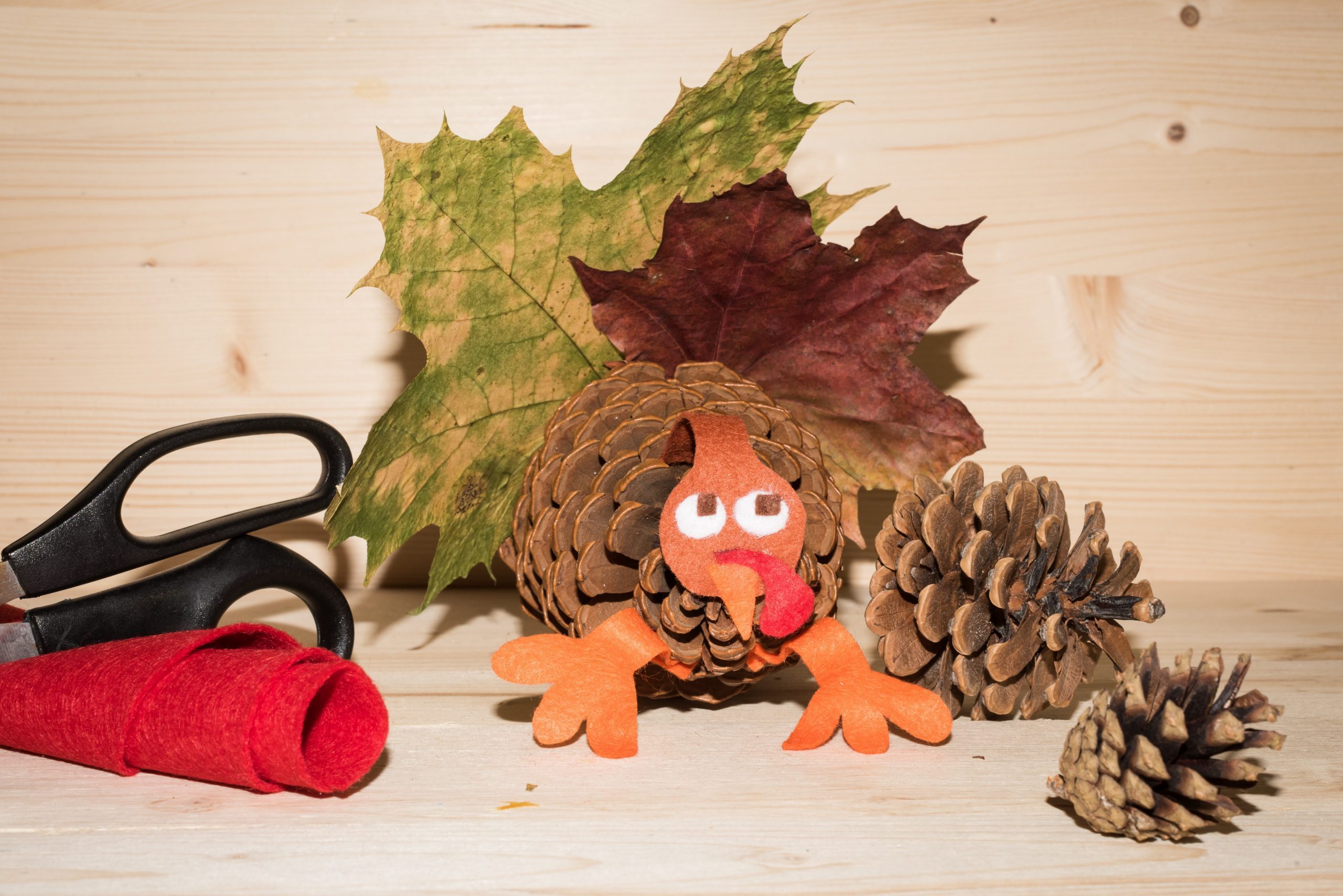 Thanksgiving turkey made of pine cone and autumn leaves. Holiday crafts decoration
