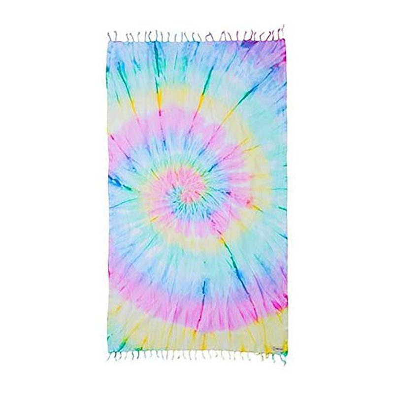Towel displaying a vibrant spiral tie-dye pattern with pastel pink, blue, and yellow hues, set against a plain white background.