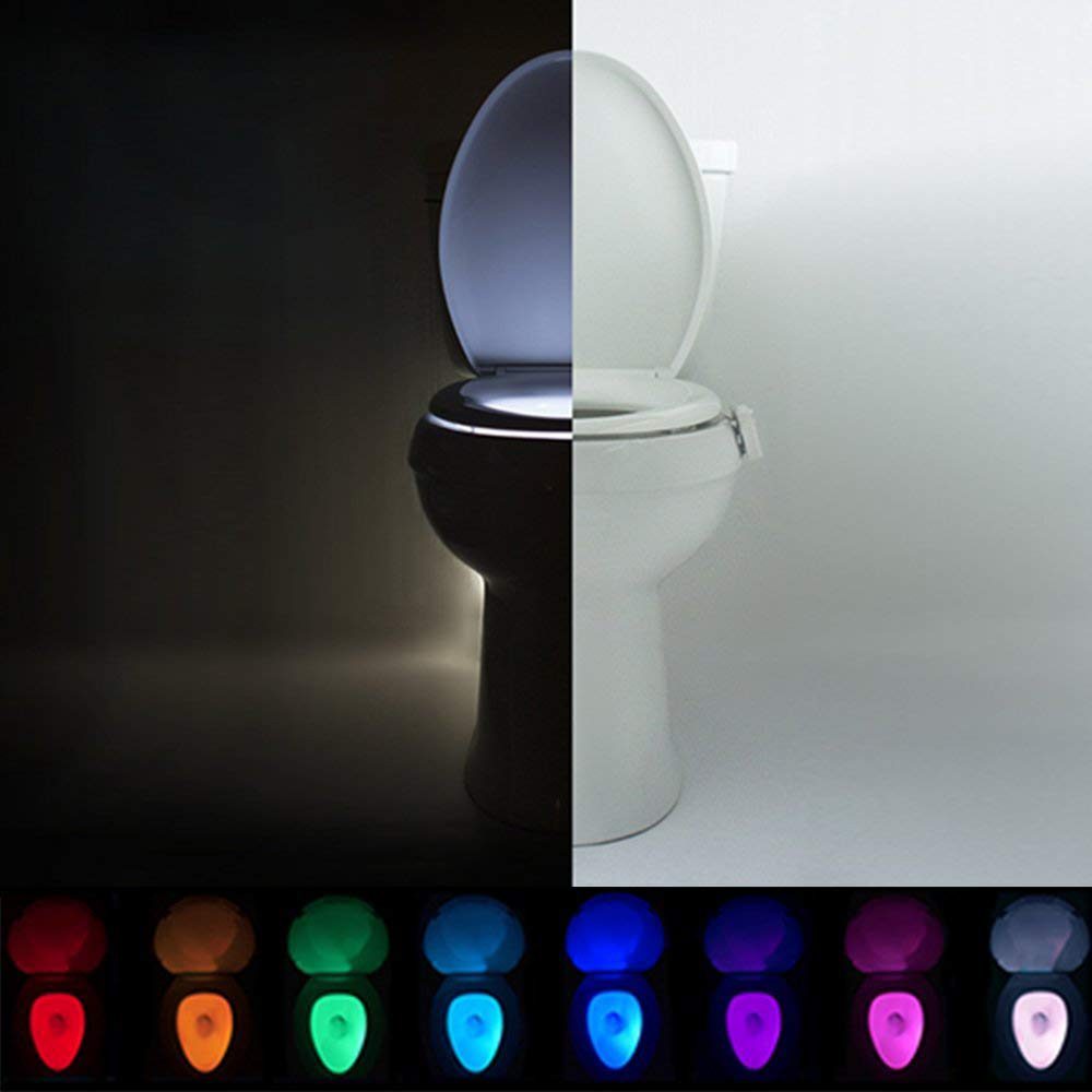Toilet illuminates with different colors in split-view; dark on the left, light on the right. Multi-colored options displayed below.