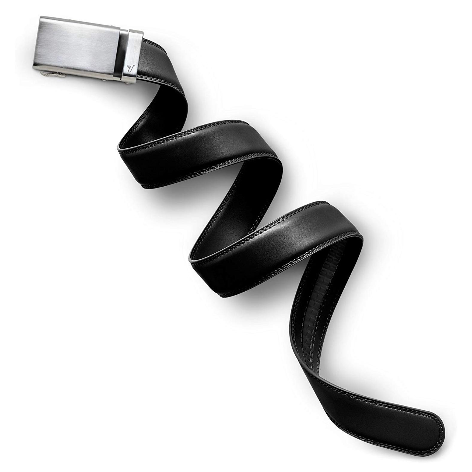 Belt spirals elegantly, showcasing sleek design, on a plain white background.