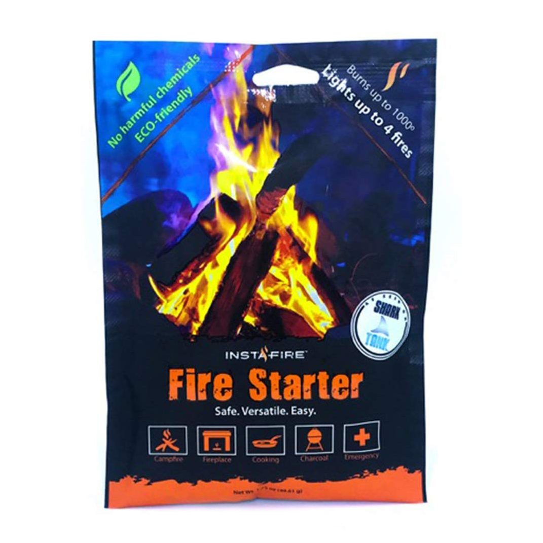 Fire starter bag shows a blazing campfire illustration; text highlights eco-friendly features and usage for various fires, labeled "INSTA-FIRE Fire Starter."