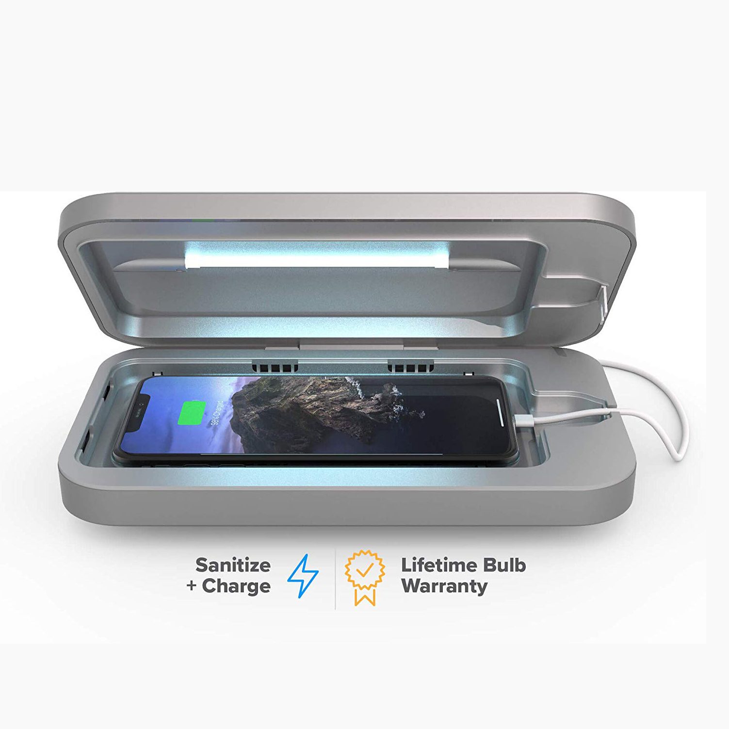 A smartphone inside a UV sanitizer box charges with a cable. Text: "Sanitize + Charge," "Lifetime Bulb Warranty."
