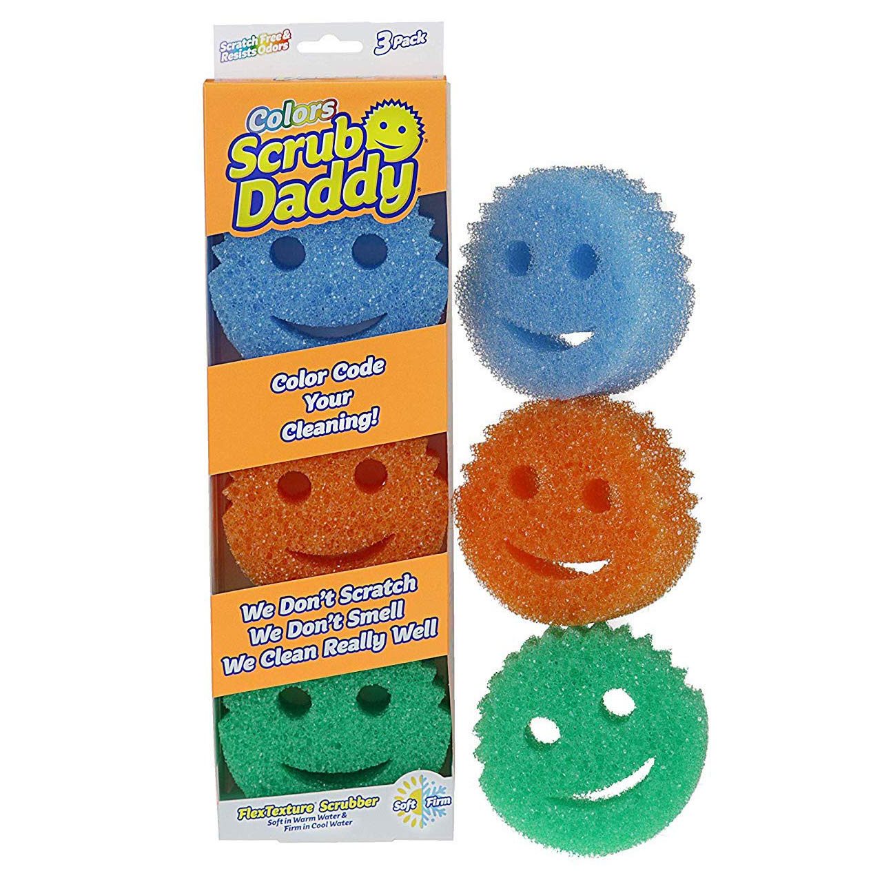 Smiling sponges display vibrant colors next to a packaging box with text, "Scrub Daddy: Color Code Your Cleaning!" Three playful faces enhance the cleaning theme.