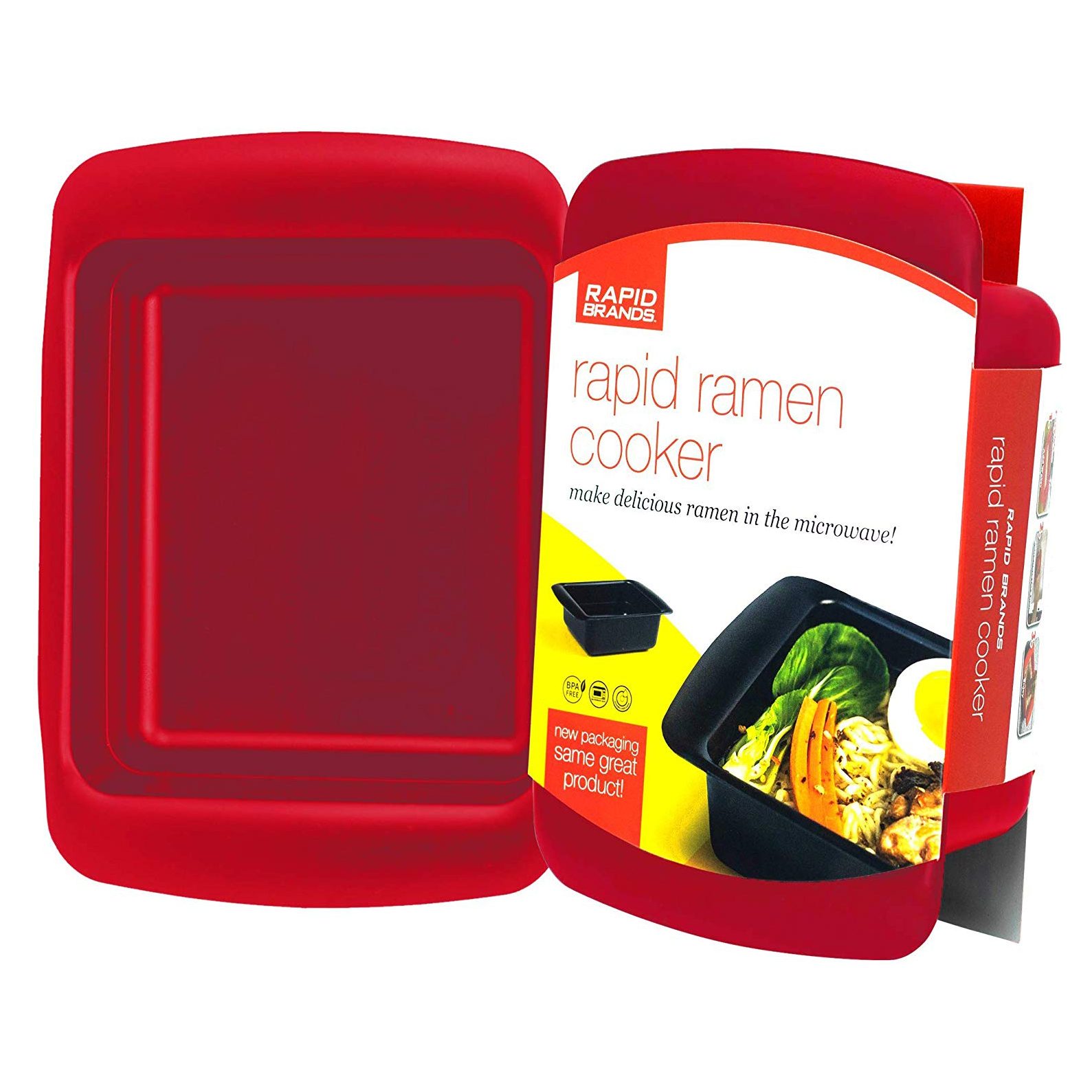 Red plastic container displayed beside its packaging, designed for microwaving ramen. Text on the box reads, "rapid ramen cooker, make delicious ramen in the microwave!"