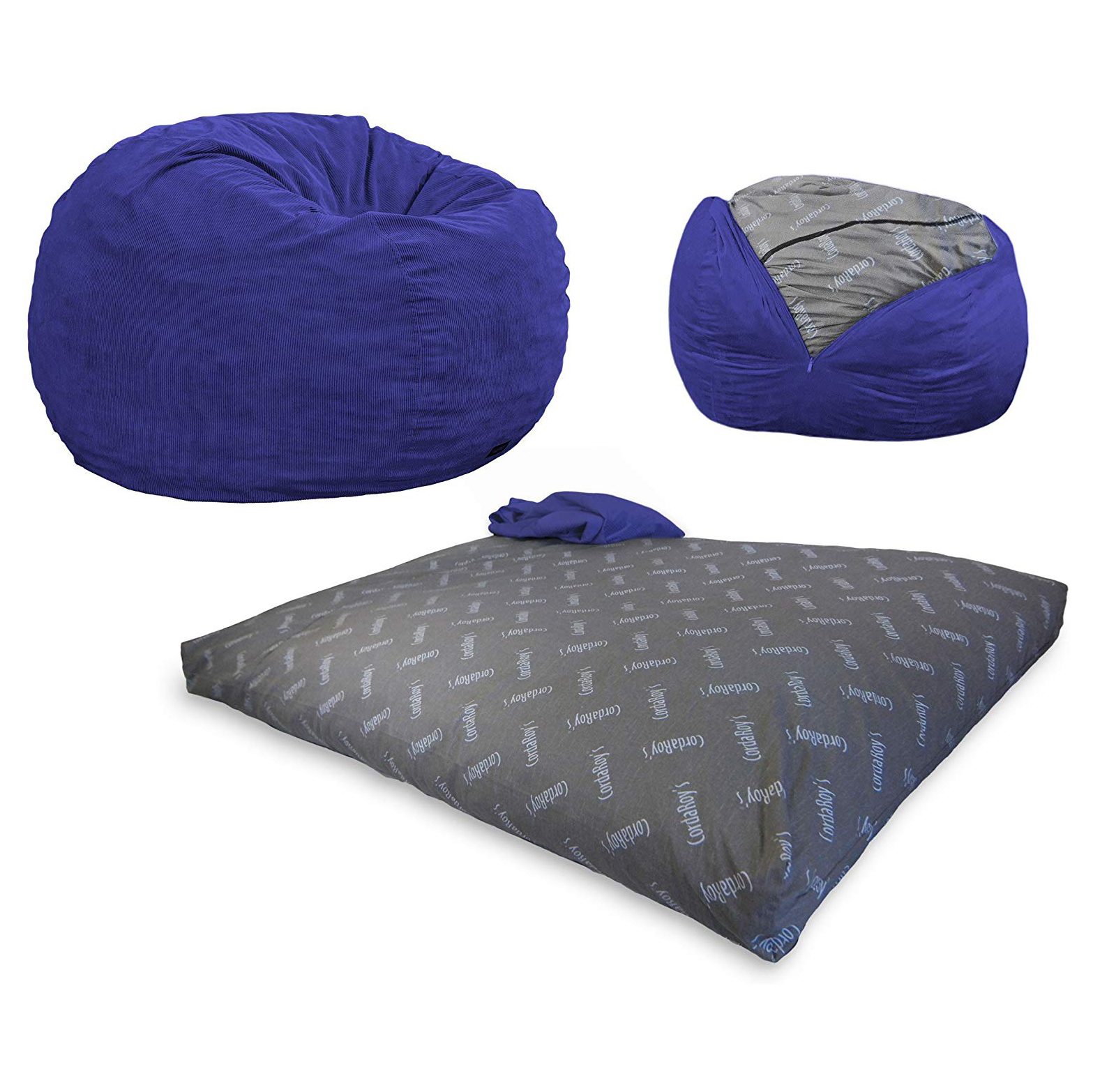 Bean bag transforms into bed; purple cover unzipped reveals gray interior; text "Cordaroy's" on the mattress; isolated on white background.