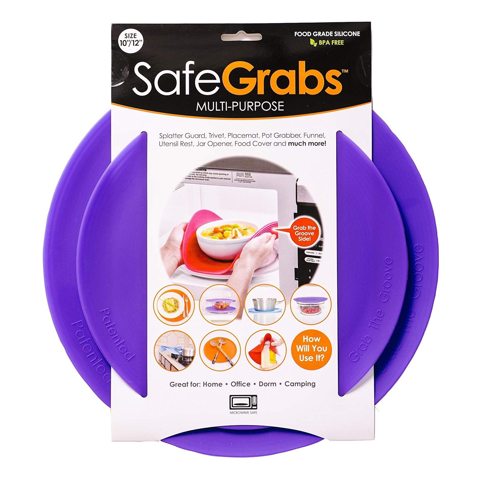 Purple silicone mats function as versatile kitchen tools; they're shown as splatter guards, trivets, and jar openers, suitable for various home settings.