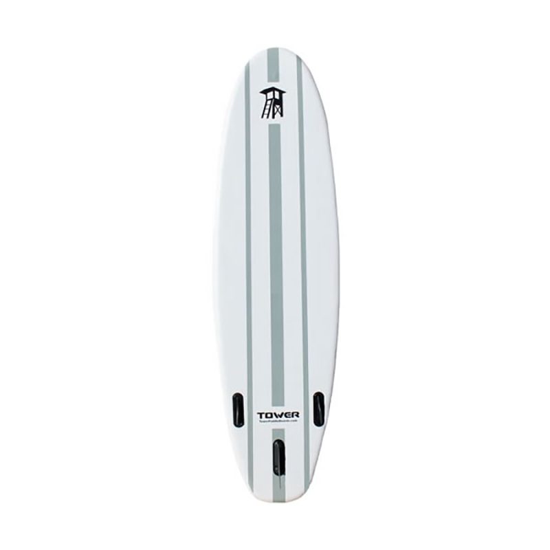 Paddleboard features grey stripes, logo, and fins in a plain white setting. The text reads "TOWER" at the bottom.
