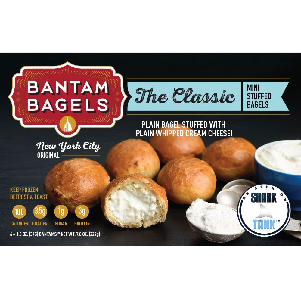 Bagels display cream cheese filling beside a cream bowl, flour scoop, "Bantam Bagels" logo, and nutrition details. Shark Tank mention visible.
