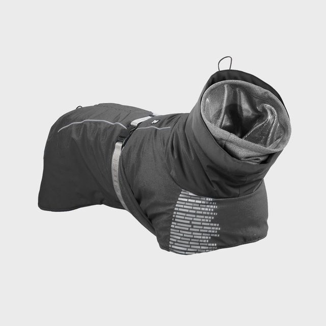 Dog jacket lying flat, featuring a high collar, adjustable strap, and reflective patterns, set against a simple gray background.