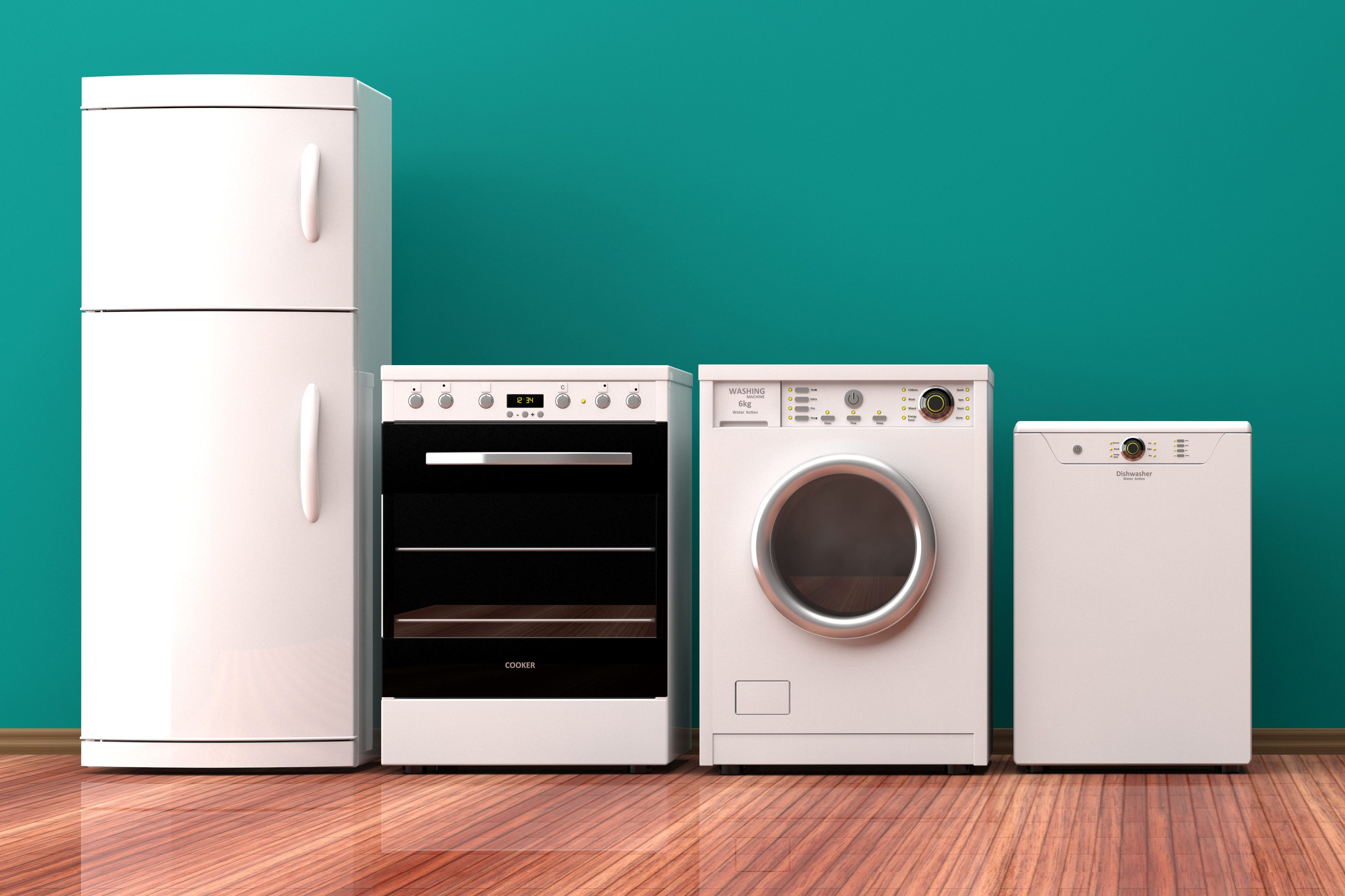 Appliances stand aligned; a refrigerator, oven, washing machine, and dishwasher, in a kitchen with a teal wall and wooden flooring.