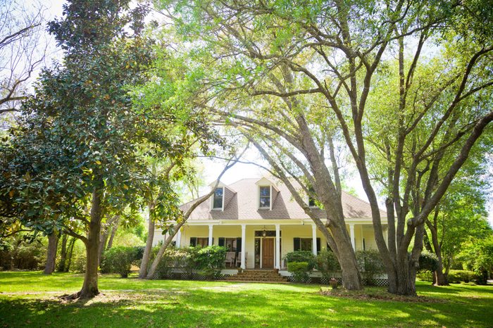A large ranch style country home with a wrap around porch and dormer windows. The large yard features a mature landscape with trees, bushes and grass.