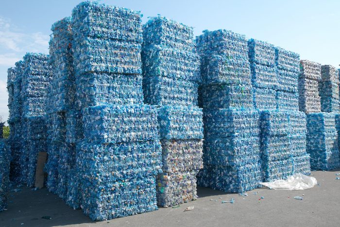 Plastic bottles pressed and packed for recycling