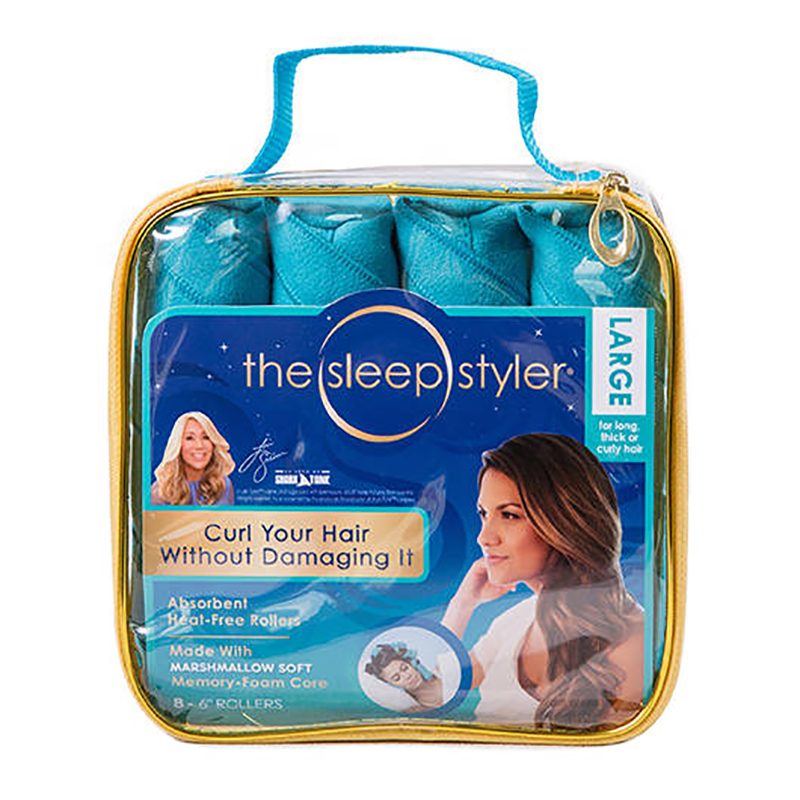 Package contains blue hair curlers labeled "The Sleep Styler" with images of a woman, promoting heat-free hair curling.