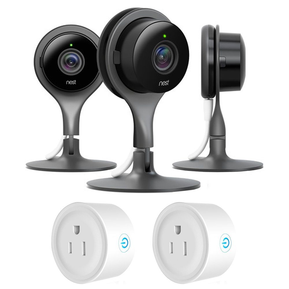 Smart cameras face forward, displaying lenses and stands; two white smart plugs with power symbols appear below, all set against a white background.