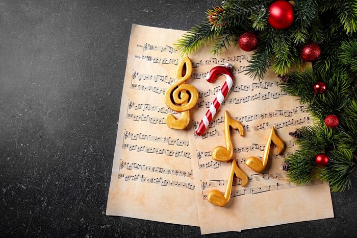 Christmas decorations on music sheets