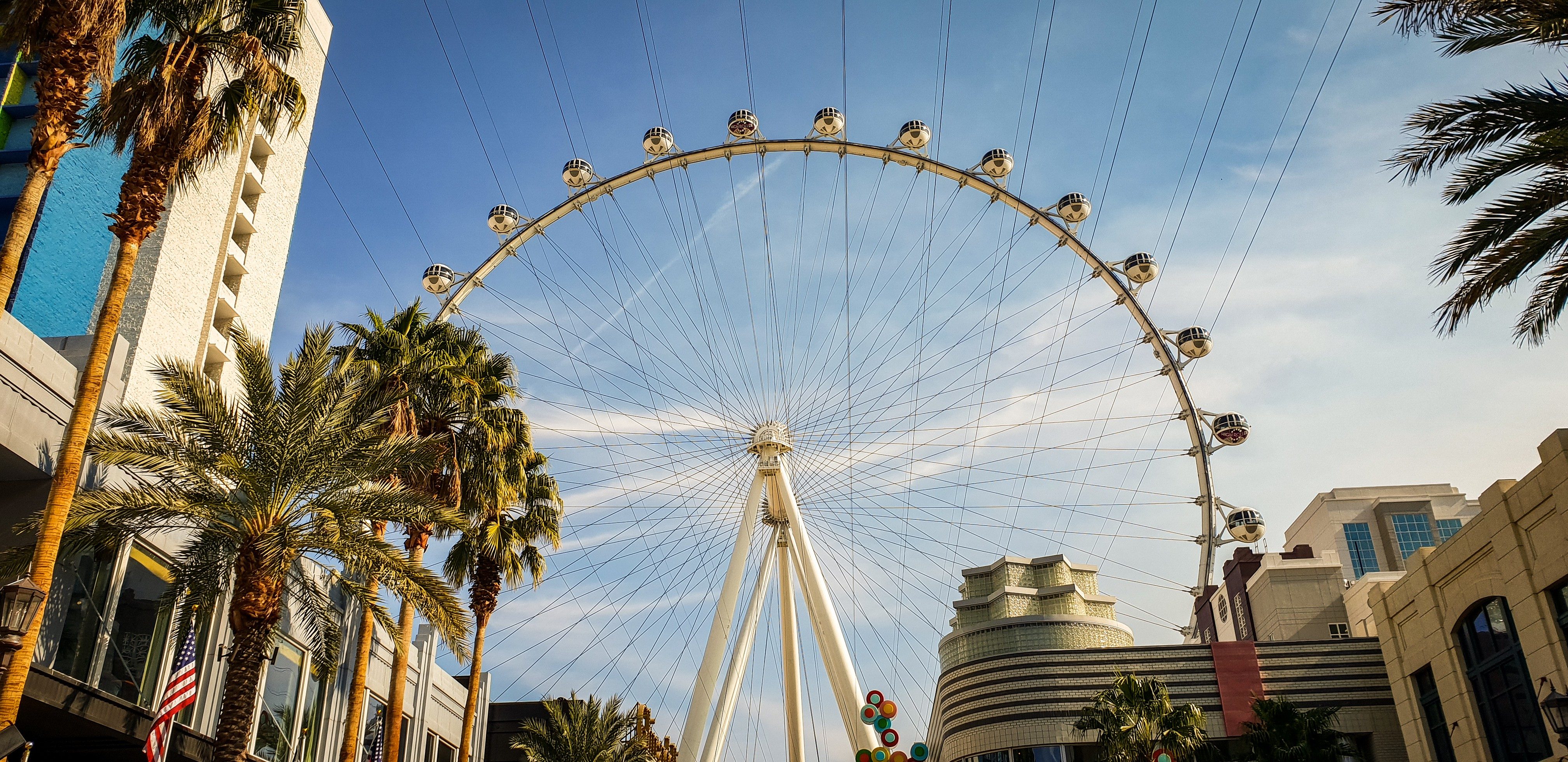 Ferris wheel towering over palm trees, surrounded by buildings and a blue sky, creating an urban amusement atmosphere.