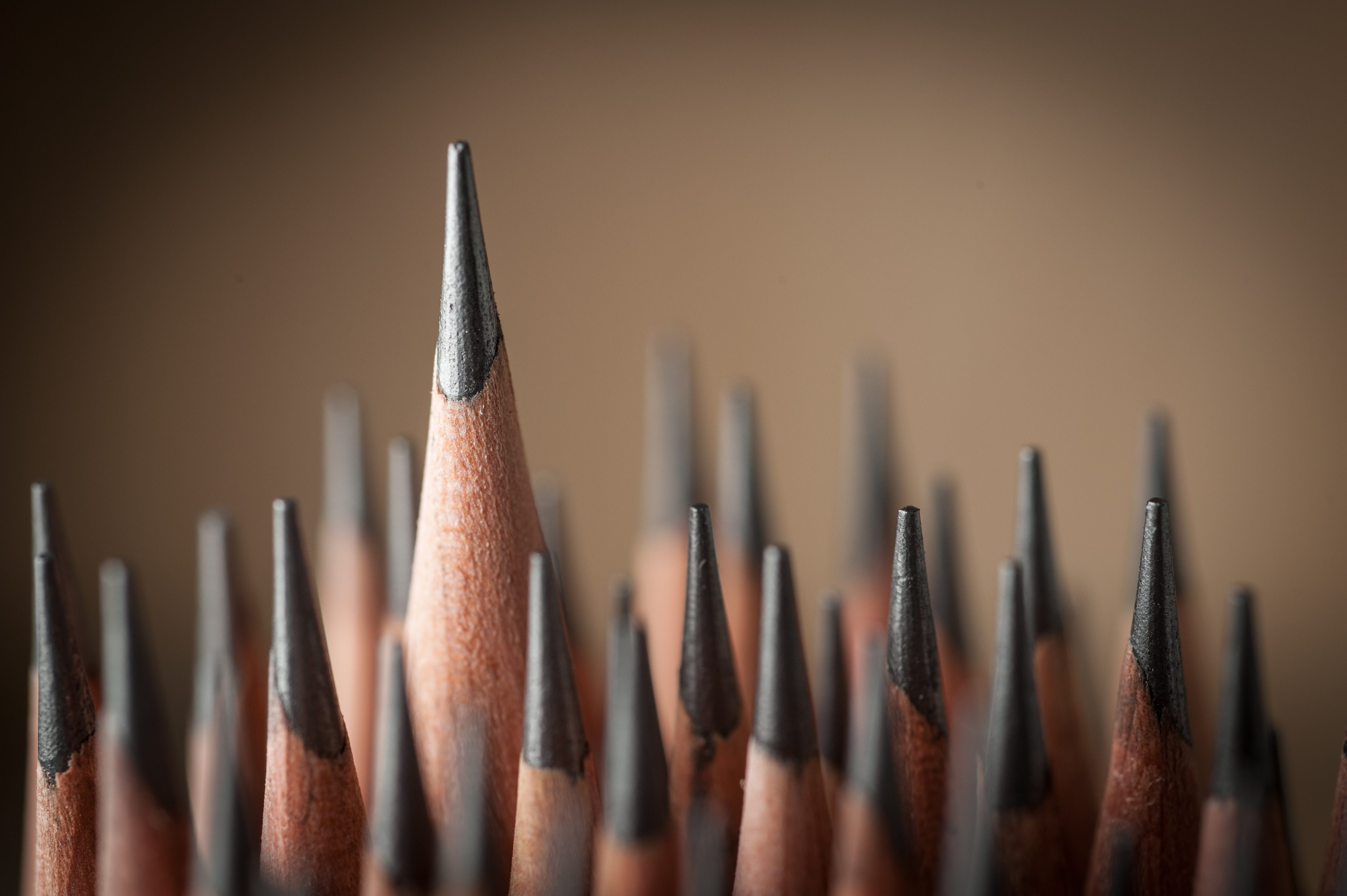 Numerous sharpened pencils standing upright closely together, set against a soft, blurred brown background.