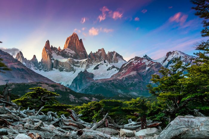 Fitz Roy mountain near El Chalten, in the Southern Patagonia, on the border between Argentina and Chile. Sunset view from track