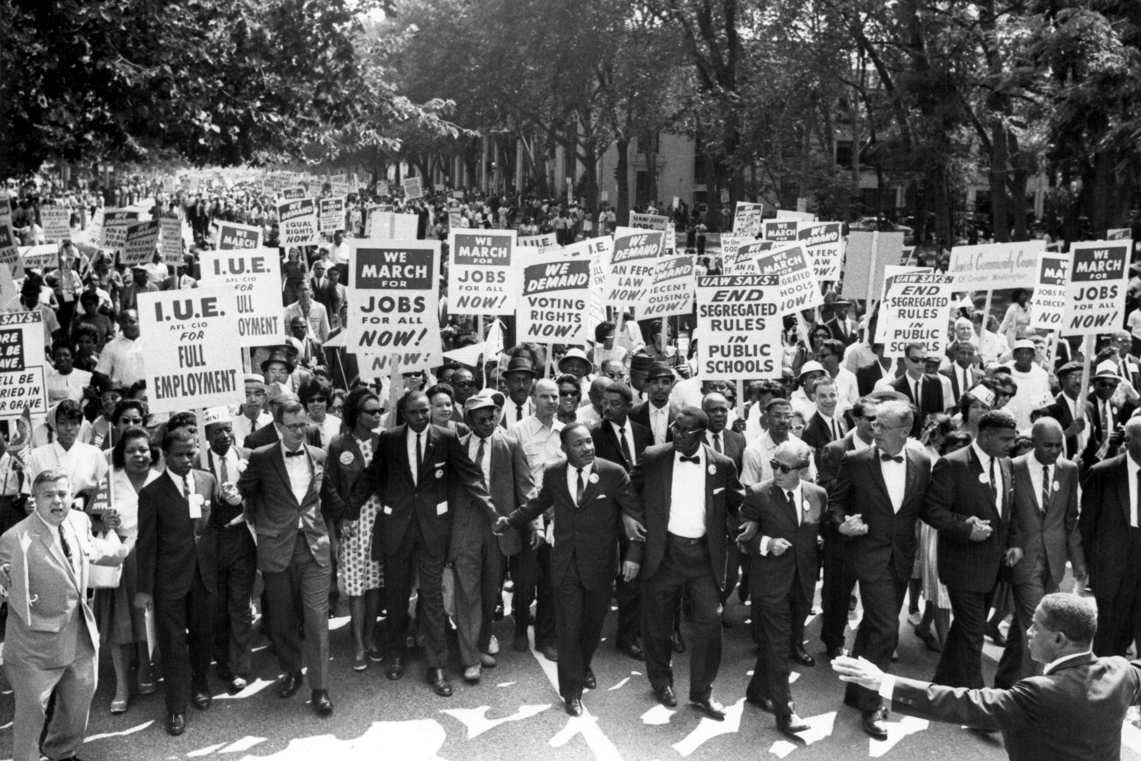 A large group of people march, holding signs demanding jobs, voting rights, and an end to segregation, surrounded by trees on a street.