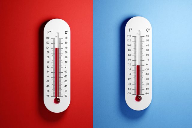 Two thermometers display different temperatures; one on a red background showing high, the other on a blue background showing low, against split-color backdrop.