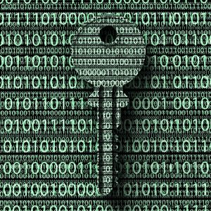 A binary code key silhouette overlays a background of ones and zeros, suggesting digital security or encryption themes.