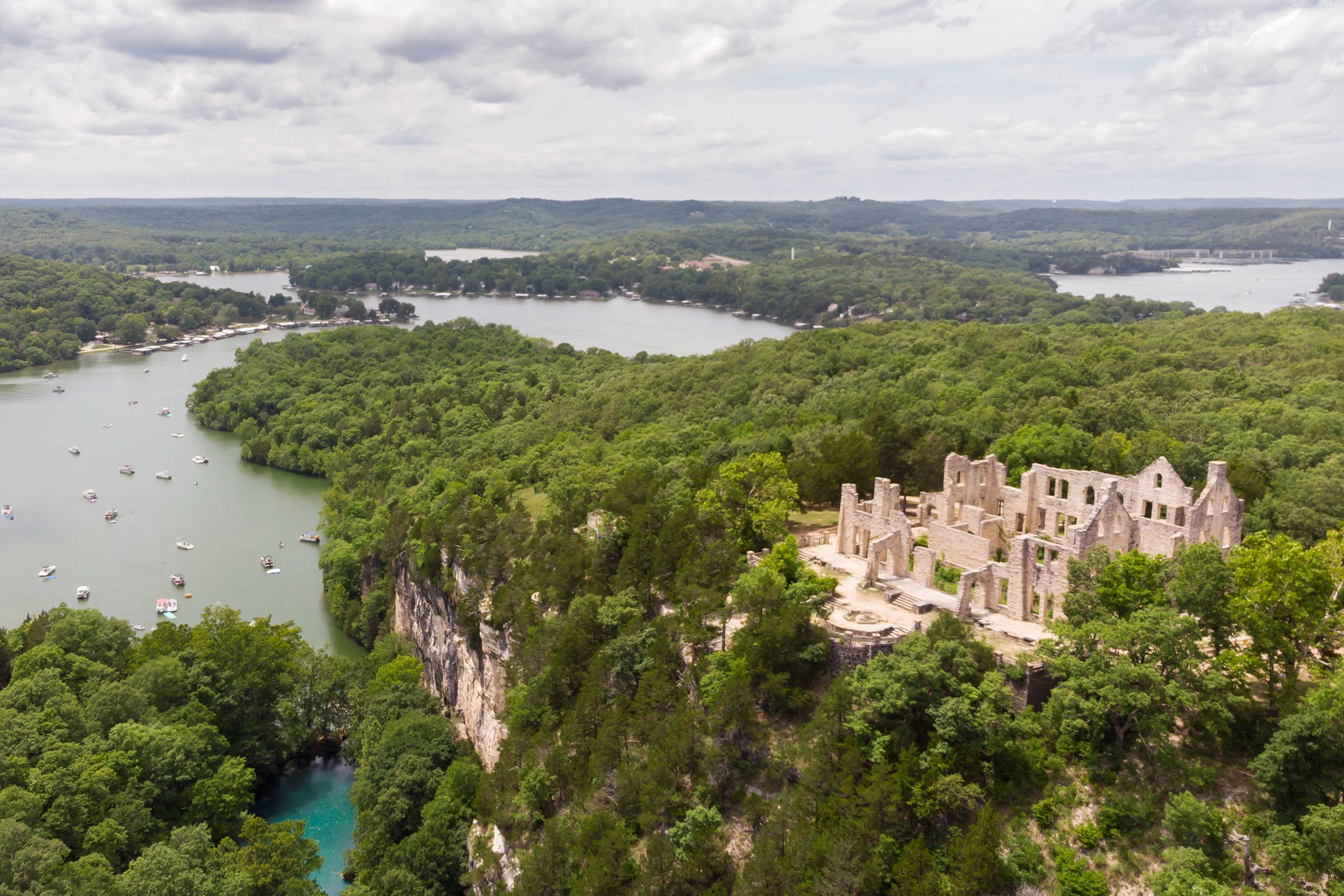 erial photo of Ha Ha Tonka State Park at the Lake of the Ozarks, Missouri