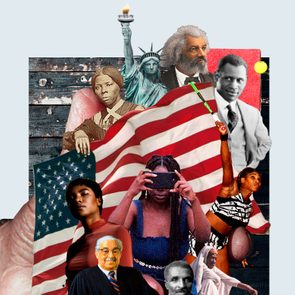 Collage depicting diverse historical figures, including a tennis player mid-swing, against an American flag backdrop, with the Statue of Liberty in the background.