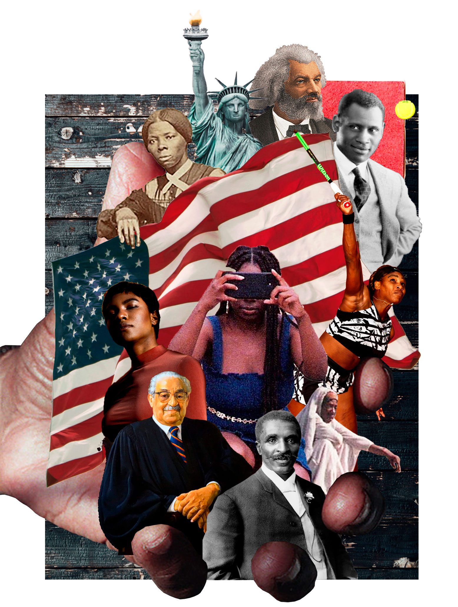 collage of famous black americans throughout history and the american flag held in the palm of a large hand