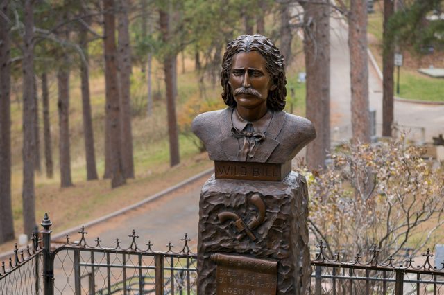A bronze bust stands on a stone pedestal inscribed with "Wild Bill," set in a forested area with tall trees and iron fencing.