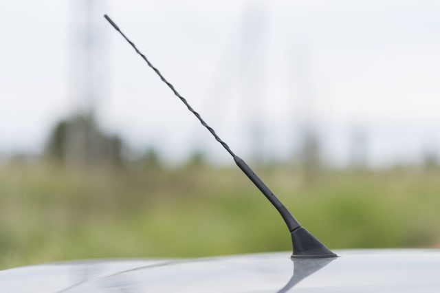 A black car antenna extends upwards from the vehicle roof, set against a blurred outdoor green background.