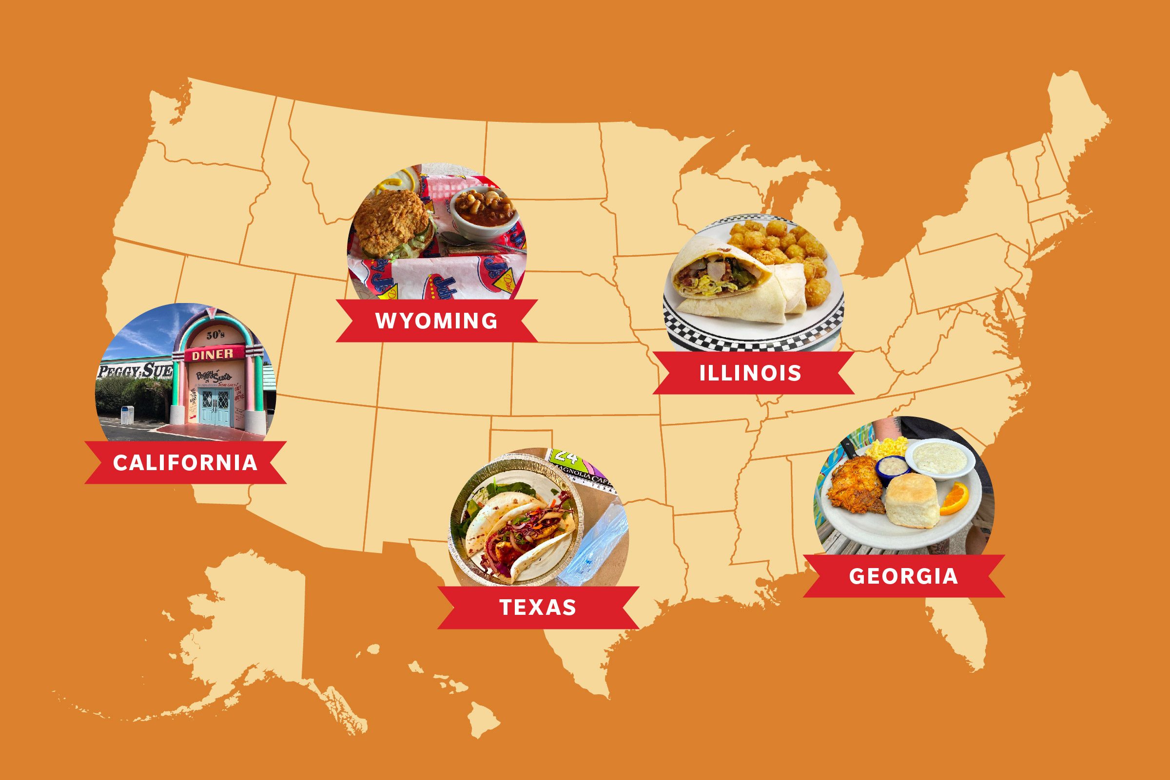 map of the United States showing the best diner in five states