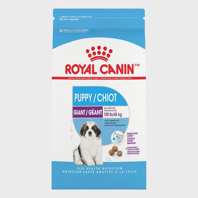 A Royal Canin puppy food bag displays a puppy image; labeled 