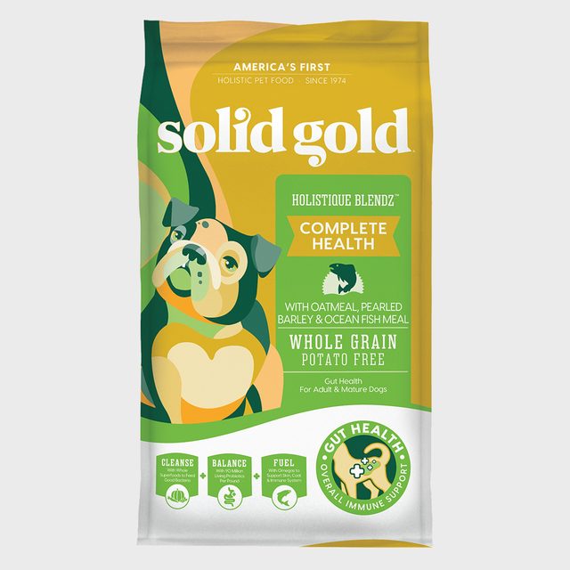 Dog food package shows a cartoon dog; labeled 