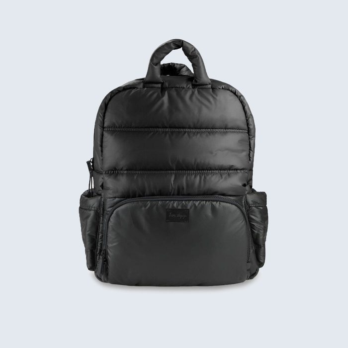 A black puffer backpack sits upright against a plain, light-colored background, featuring multiple compartments and a top handle for easy carrying.