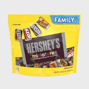 Bag holds Hershey's Miniatures candies, labeled 