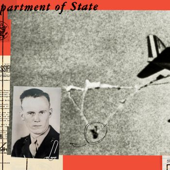 A vintage airplane flies in the sky, accompanied by a paper-clipped portrait of a man. Red and orange text reads "Department of State."