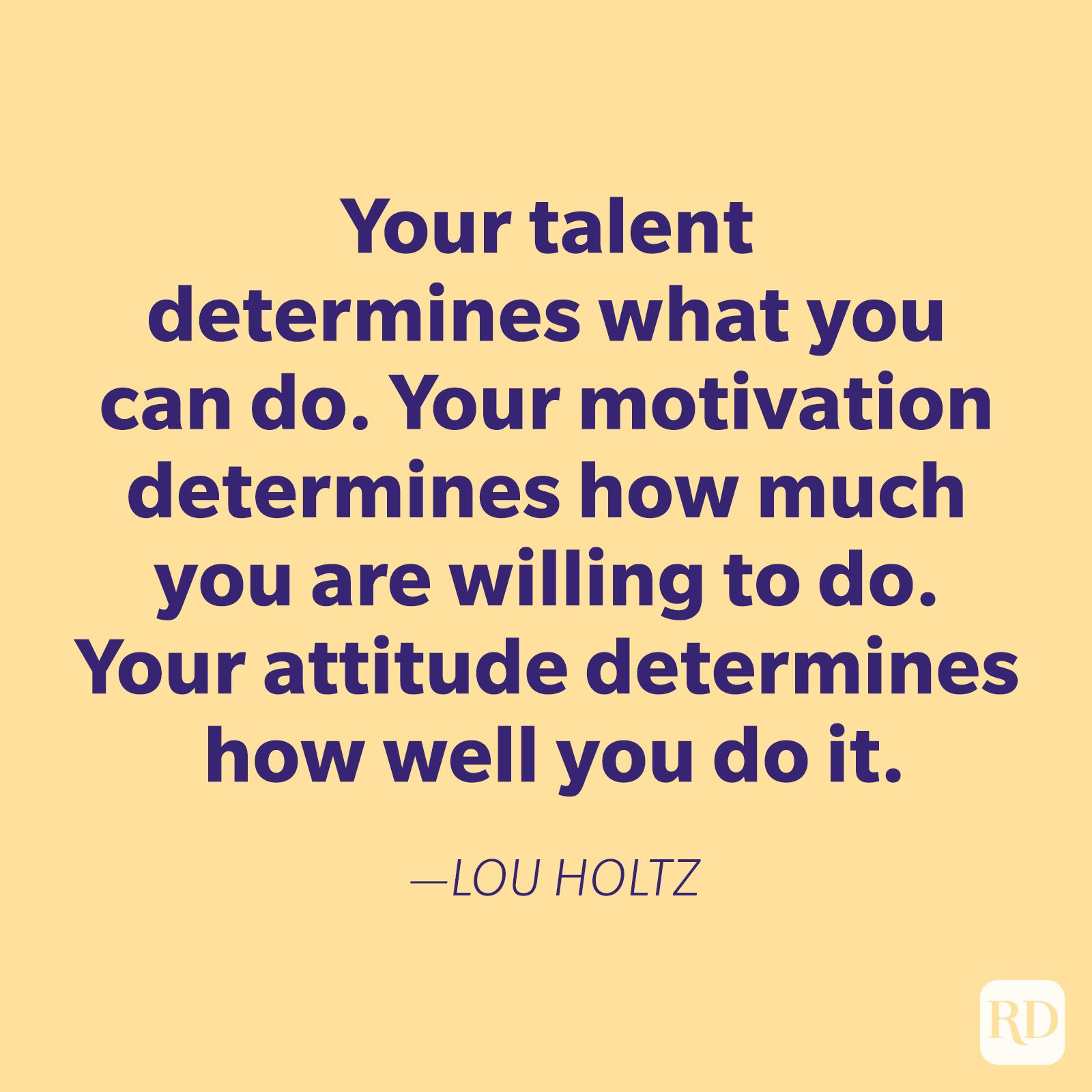 Quote text on a yellow background states: "Your talent determines what you can do. Your motivation determines how much you are willing to do. Your attitude determines how well you do it." â€” LOU HOLTZ