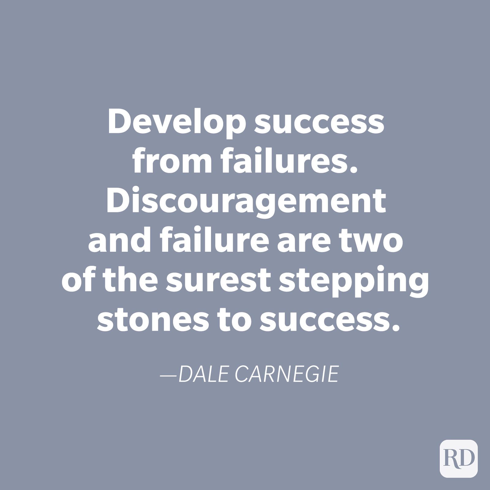 Quote promotes learning from failures, presenting discouragement and failure as key steps to success, on a muted gray background.