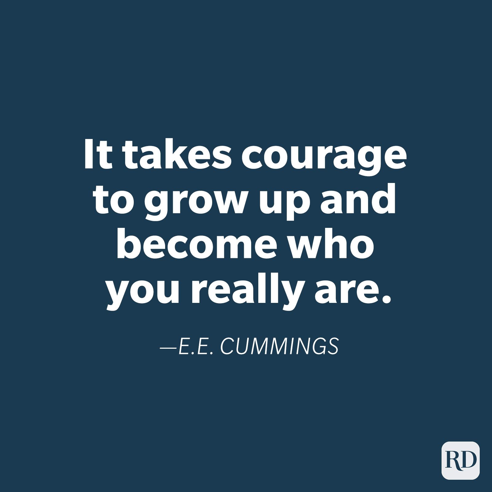 Quote by E.E. Cummings emphasizes courage in self-discovery against a dark blue background.