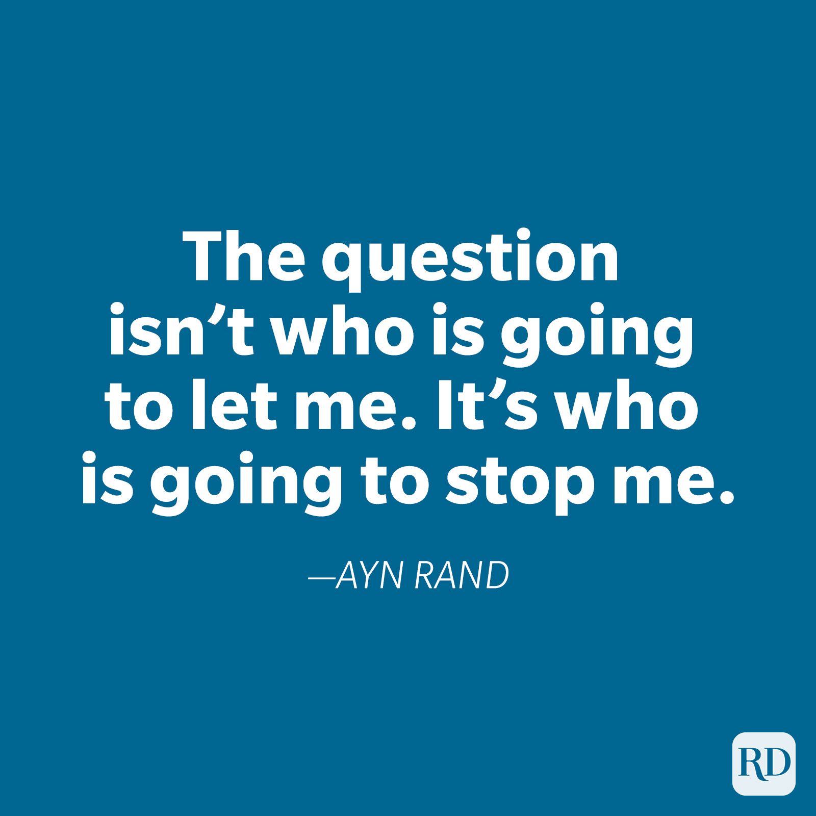 White text displays an Ayn Rand quote on a solid blue background.