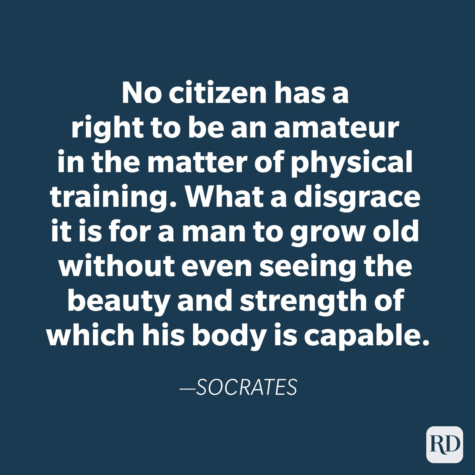 Quote text discusses physical training's importance, set on a dark blue background. It emphasizes witnessing one's physical potential, attributed to Socrates.