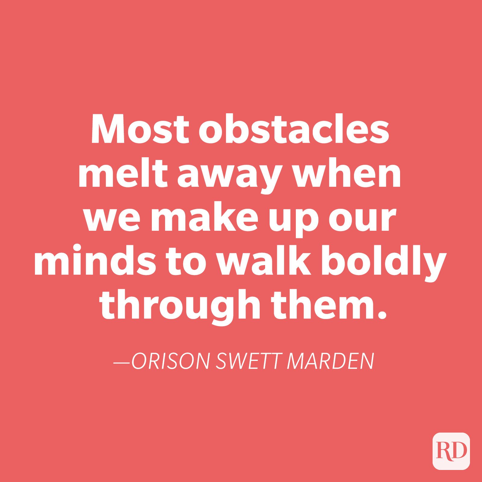 Text displays a motivational quote by Orison Swett Marden, set on a coral background, emphasizing overcoming obstacles with determination. Reader's Digest logo appears bottom right.