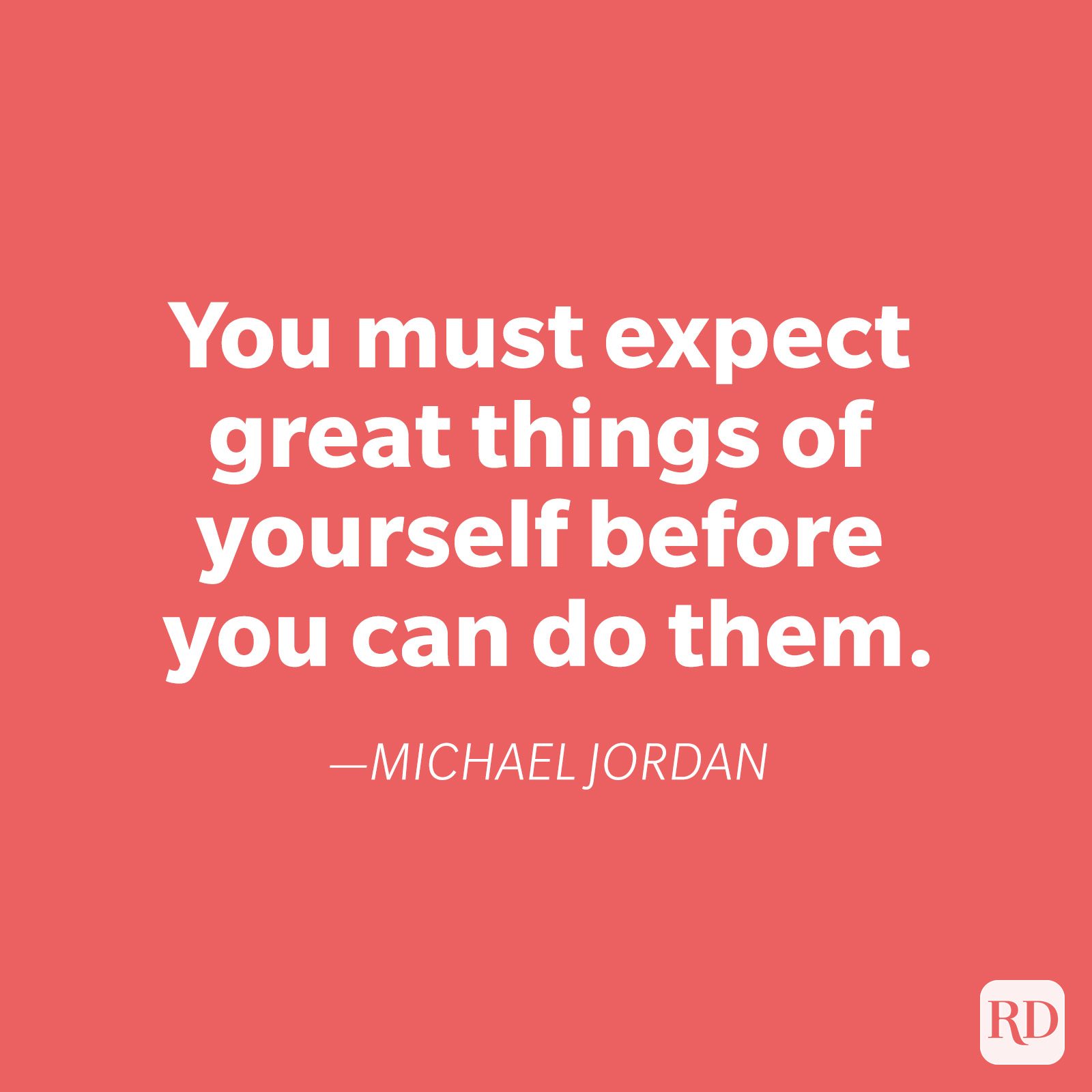 White text quotes Michael Jordan on a coral background, encouraging self-belief before achievement.