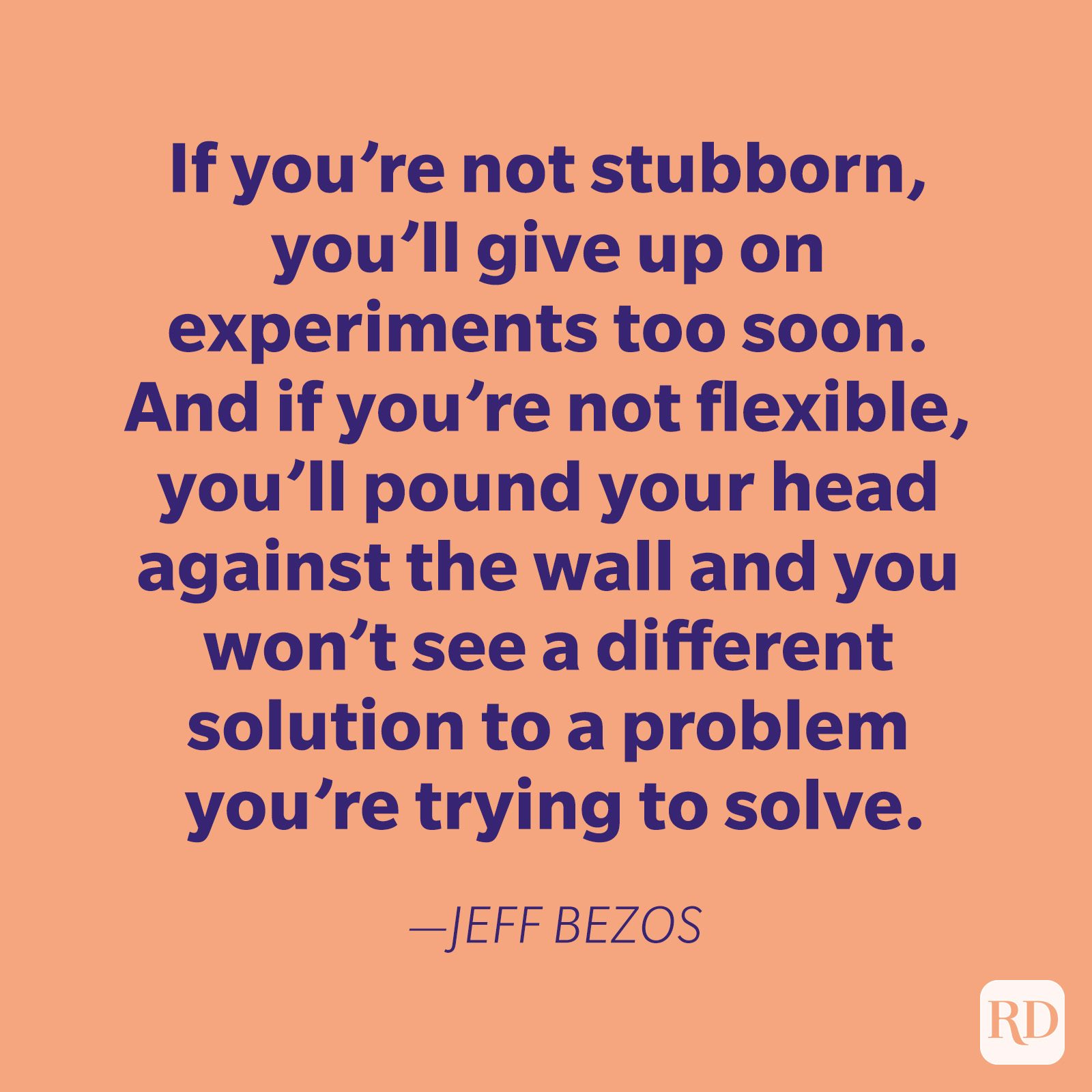 Quote discusses perseverance and flexibility, emphasizing adaptability for problem-solving by Jeff Bezos in bold text on a peach background with small "RD" logo.