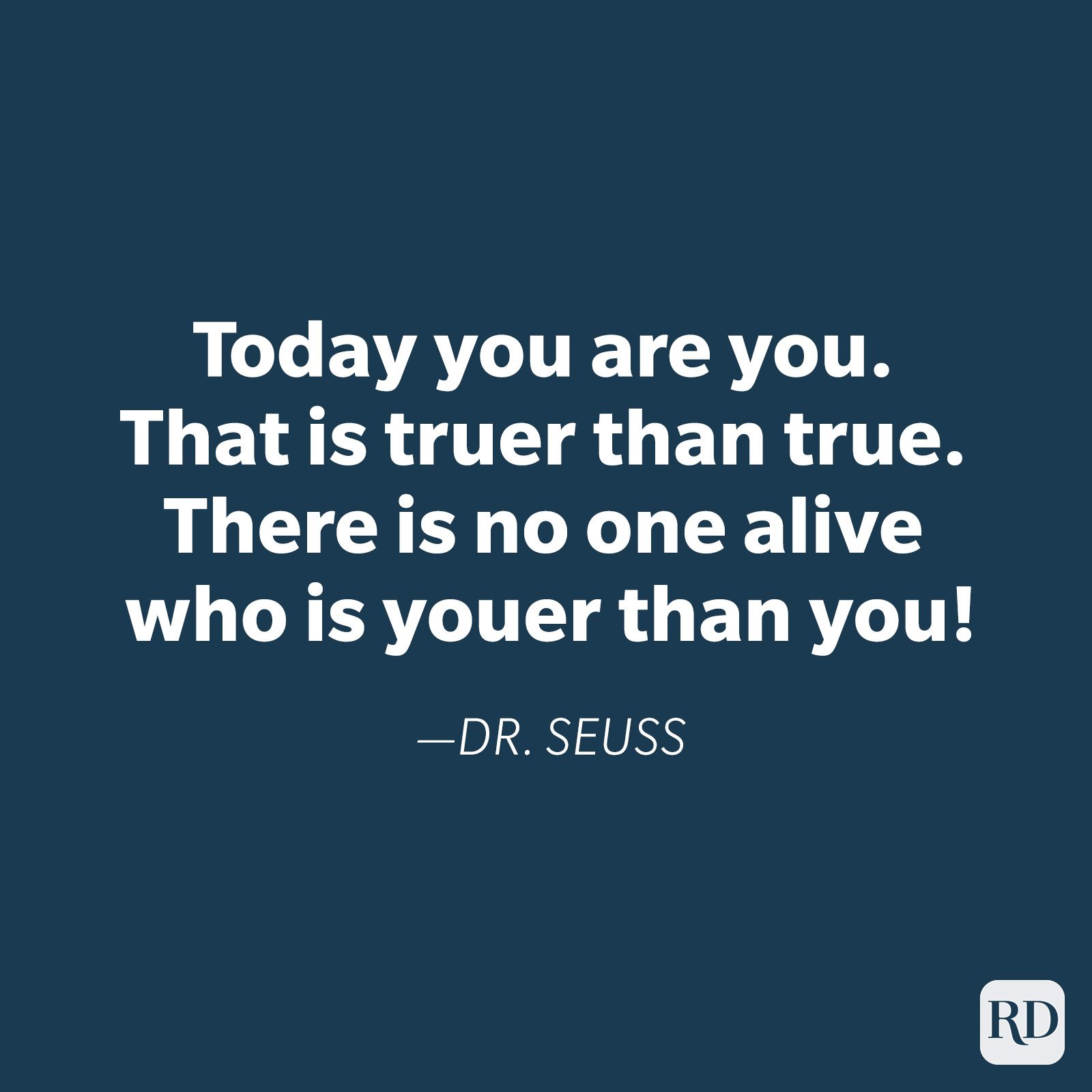 Text displays a Dr. Seuss quote on self-identity, emphasizing uniqueness and authenticity, set against a solid dark background.