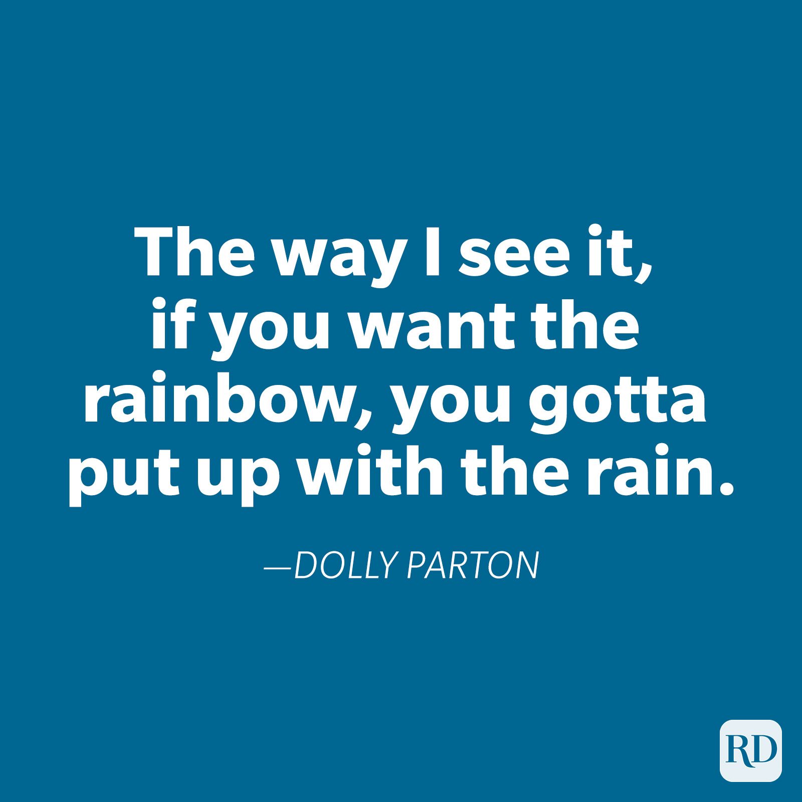 Text displays a quote by Dolly Parton about enduring difficulties for rewards, set on a simple blue background.